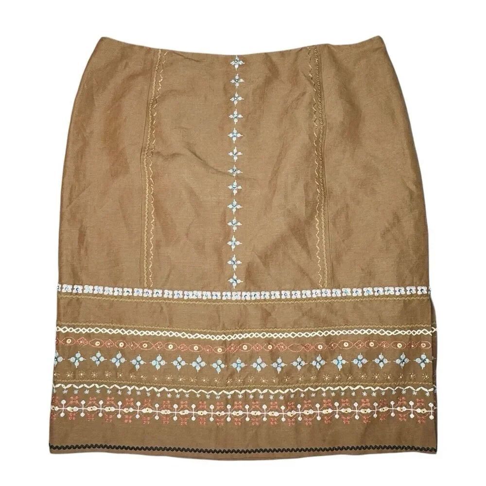 Talbots Sz 16 Linen Silk Blend Light Brown Floral Embroidered Side Slit Skirt